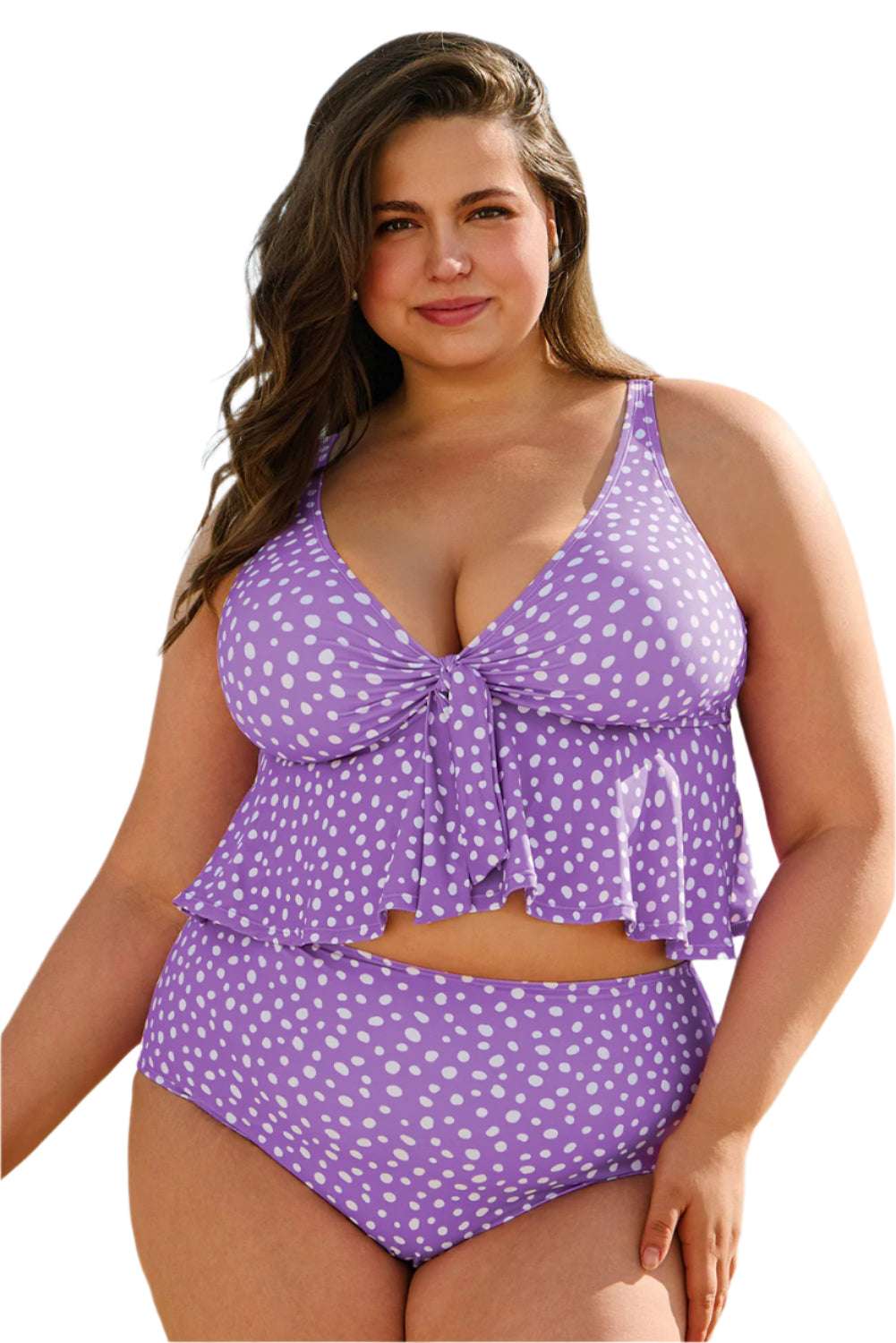 Plus size purple tankini with white polka dots and ruffled top by LuckeLadybug