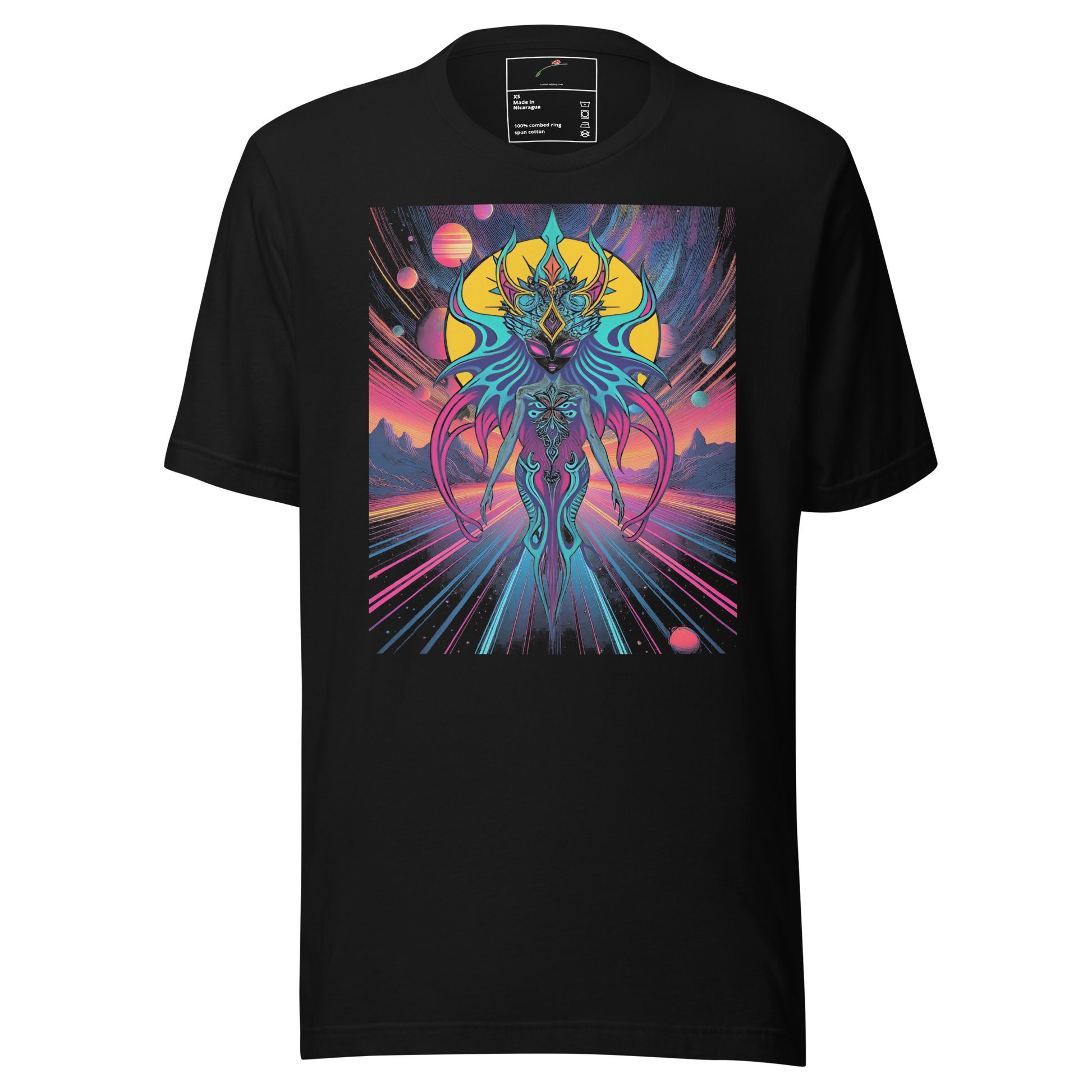 Black LuckeLadybug t-shirt featuring a colorful psychedelic alien graphic tee design with vibrant cosmic elements