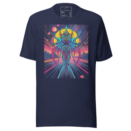 Navy LuckeLadybug psychedelic alien graphic tee with colorful futuristic alien design on front