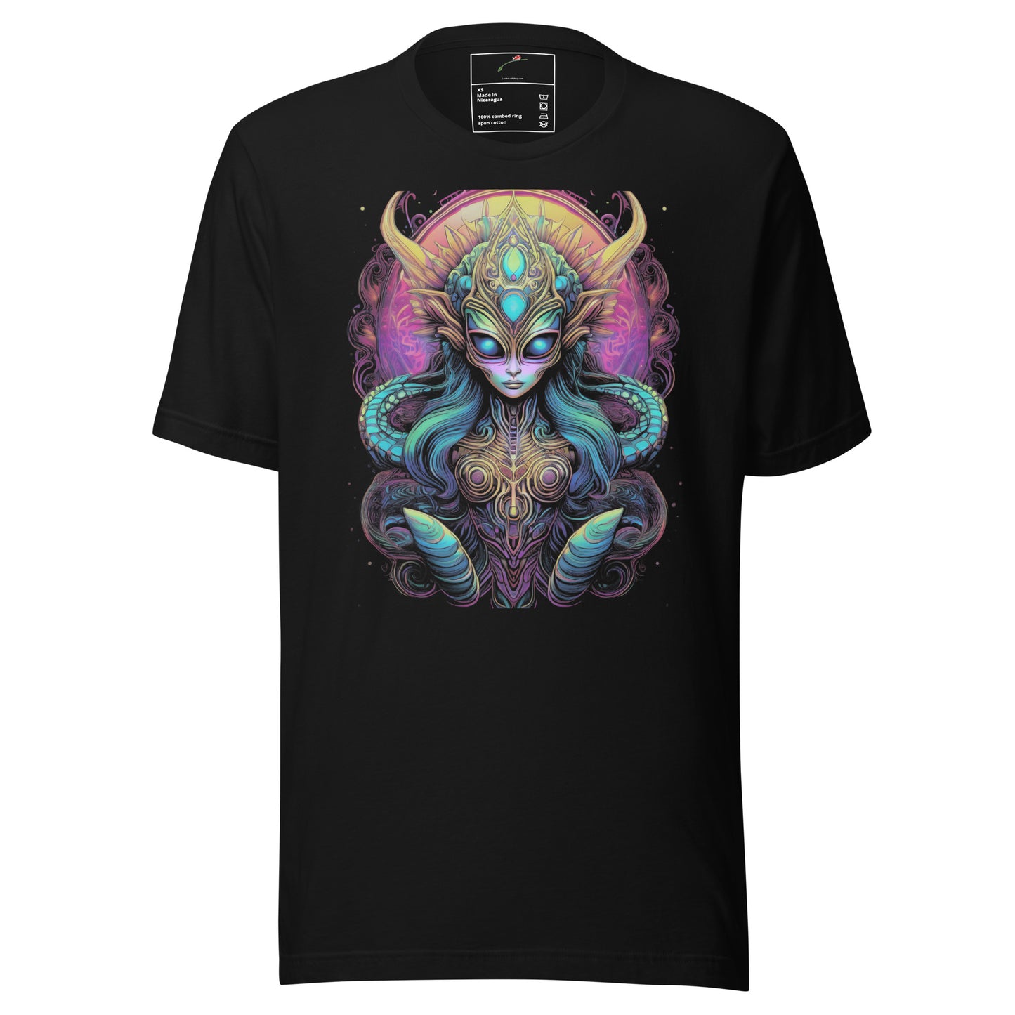 LuckeLadybug psychedelic alien t-shirt with colorful mystical alien artwork on black fabric