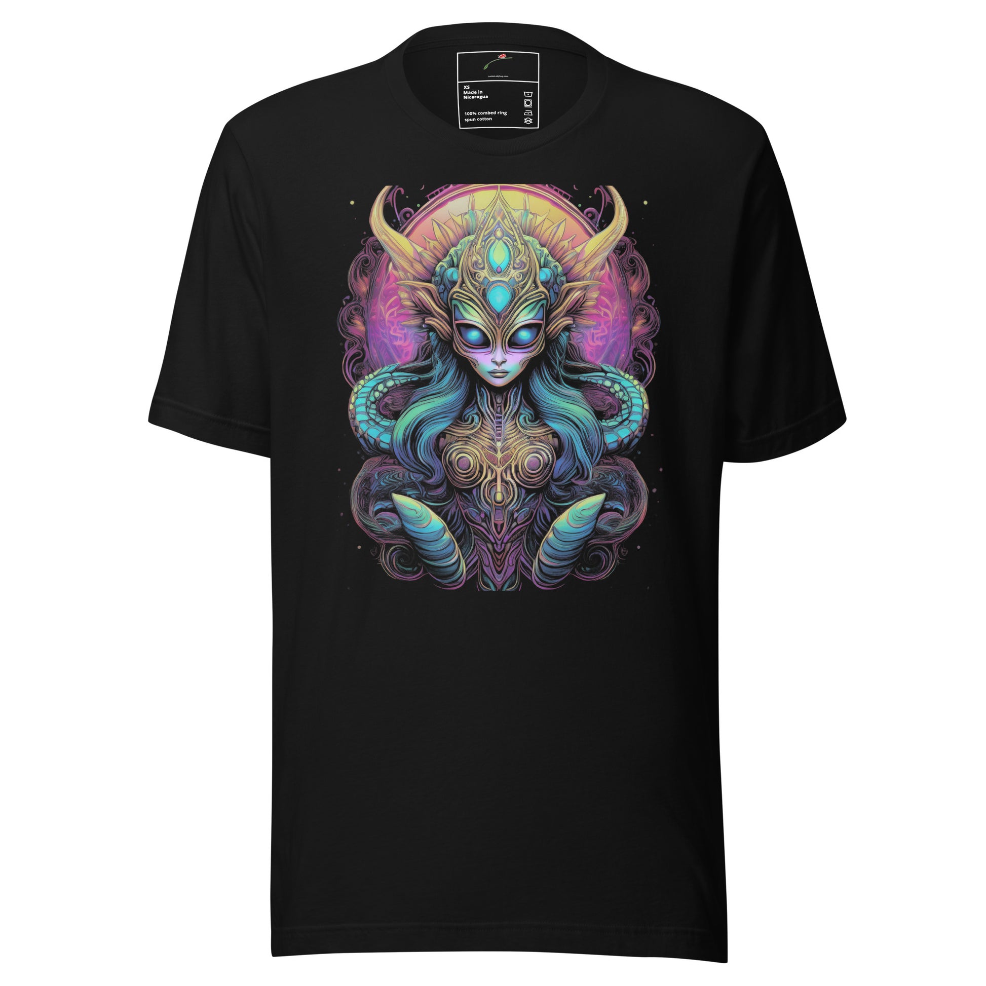 LuckeLadybug psychedelic alien t-shirt with colorful mystical alien artwork on black fabric