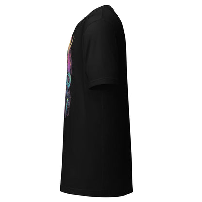 Black LuckeLadybug psychedelic alien t-shirt showing side view with colorful graphic design