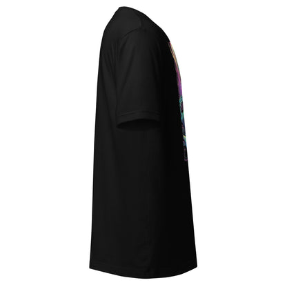 Side view of black LuckeLadybug psychedelic alien t-shirt with colorful graphic design