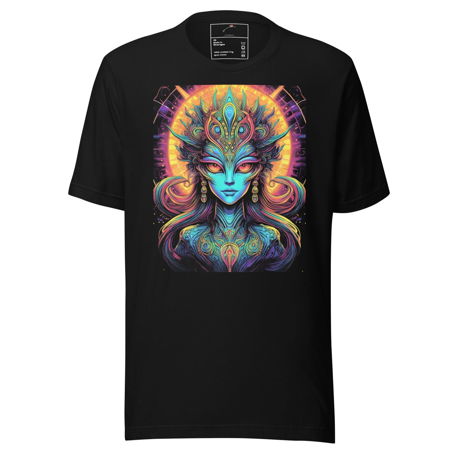 LuckeLadybug psychedelic alien t-shirt with vibrant, colorful alien face design on black fabric