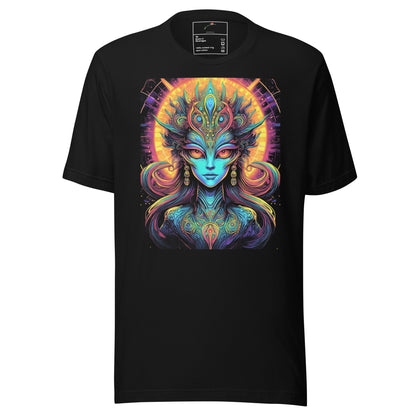 LuckeLadybug psychedelic alien t-shirt with vibrant, colorful alien face design on black fabric