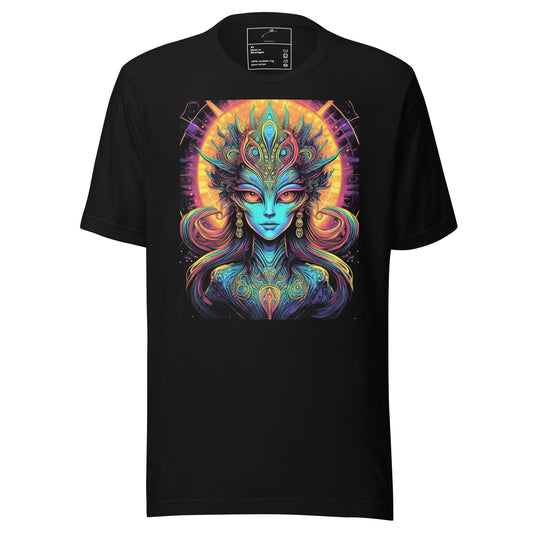 LuckeLadybug psychedelic alien t-shirt with vibrant, colorful alien face design on black fabric