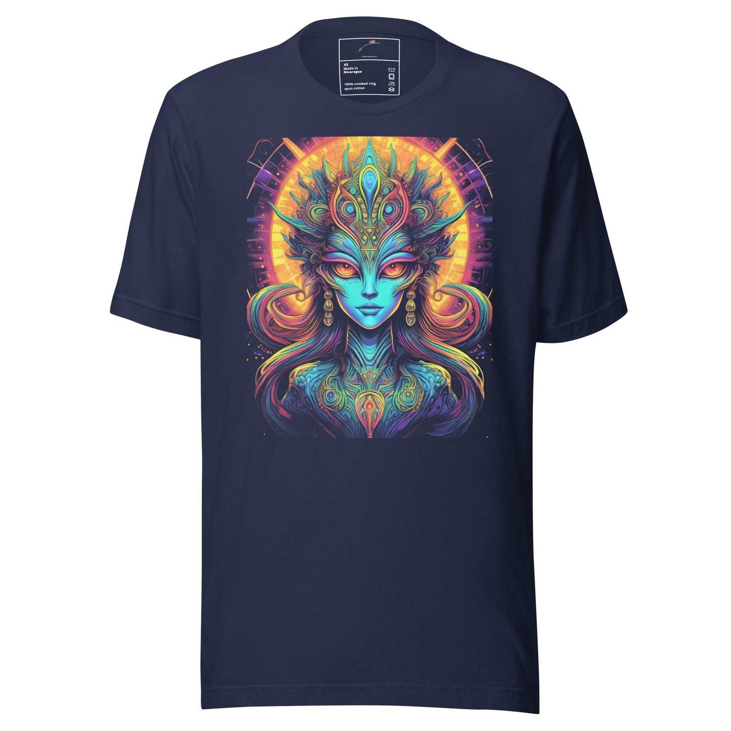 LuckeLadybug psychedelic alien t-shirt with vibrant colorful alien face and abstract art on navy blue fabric