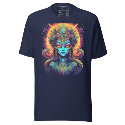 LuckeLadybug psychedelic alien t-shirt with vibrant colorful alien face and abstract art on navy blue fabric