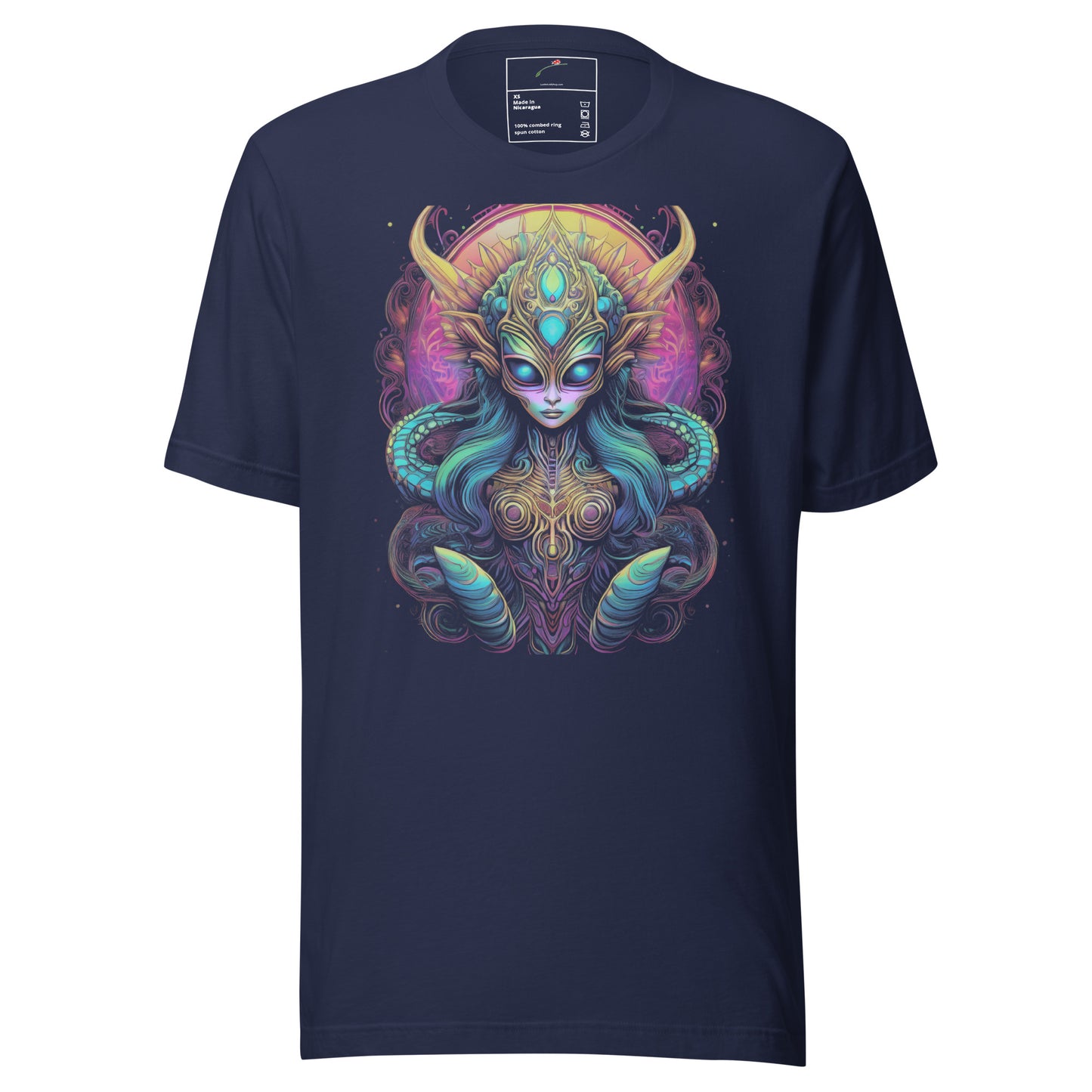 Navy blue psychedelic alien t-shirt featuring a colorful alien with horns and intricate design