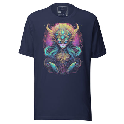 Navy blue psychedelic alien t-shirt featuring a colorful alien with horns and intricate design