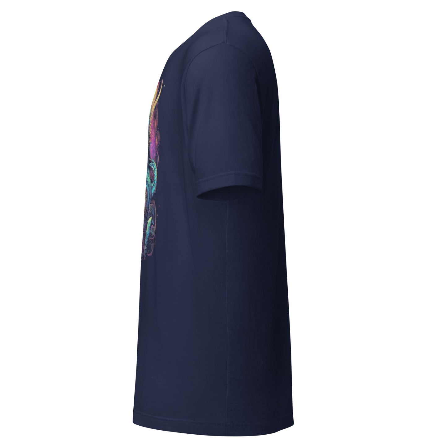 LuckeLadybug navy blue psychedelic alien t-shirt side view with short sleeves