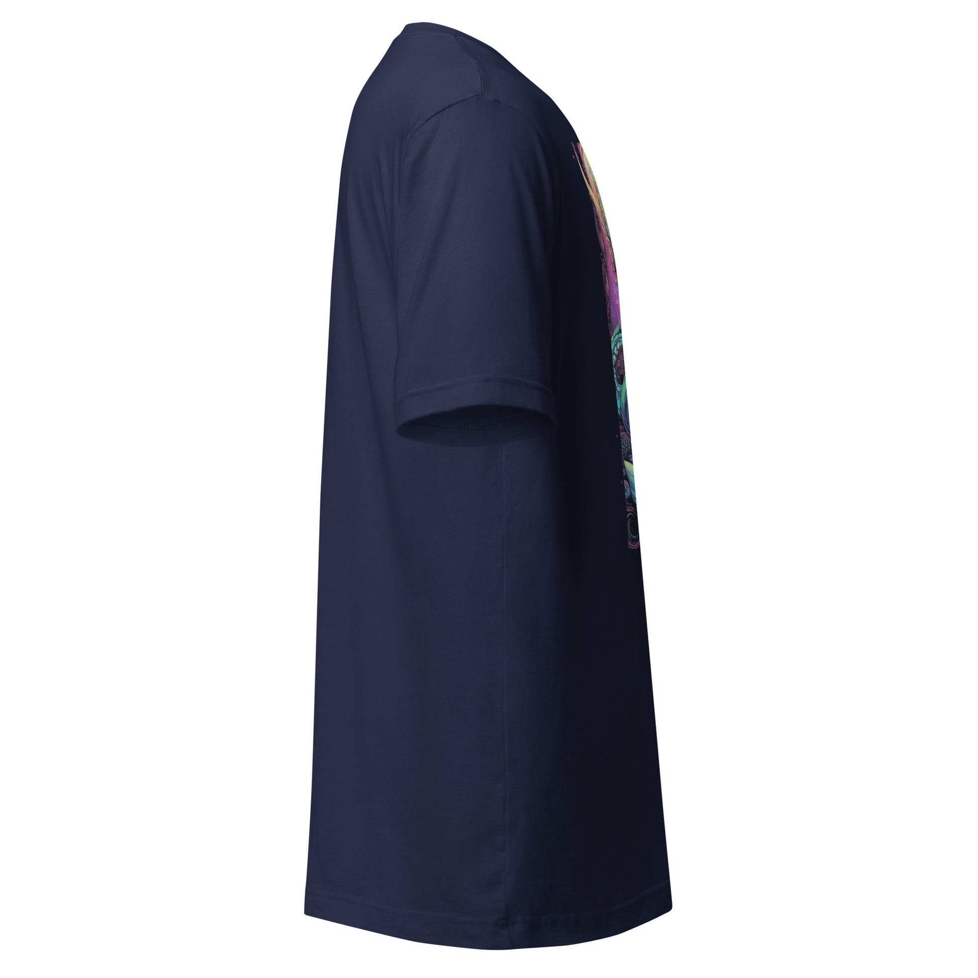 Side view of LuckeLadybug navy psychedelic alien t-shirt with short sleeves