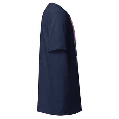 Side view of LuckeLadybug navy psychedelic alien t-shirt with short sleeves
