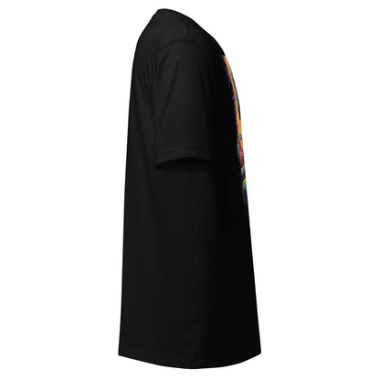 Black LuckeLadybug psychedelic alien t-shirt side view with short sleeves and vibrant alien graphic