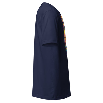 Side view of navy LuckeLadybug psychedelic alien t-shirt with colorful alien graphic design