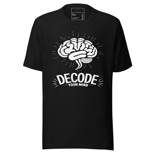 LuckeLadybug black psychology t shirt with white brain graphic and Decode Your Mind slogan front print