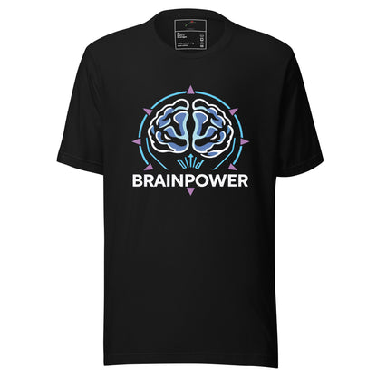 LuckeLadybug black psychology t shirt with blue and purple brain graphic and BRAINPOWER text on front