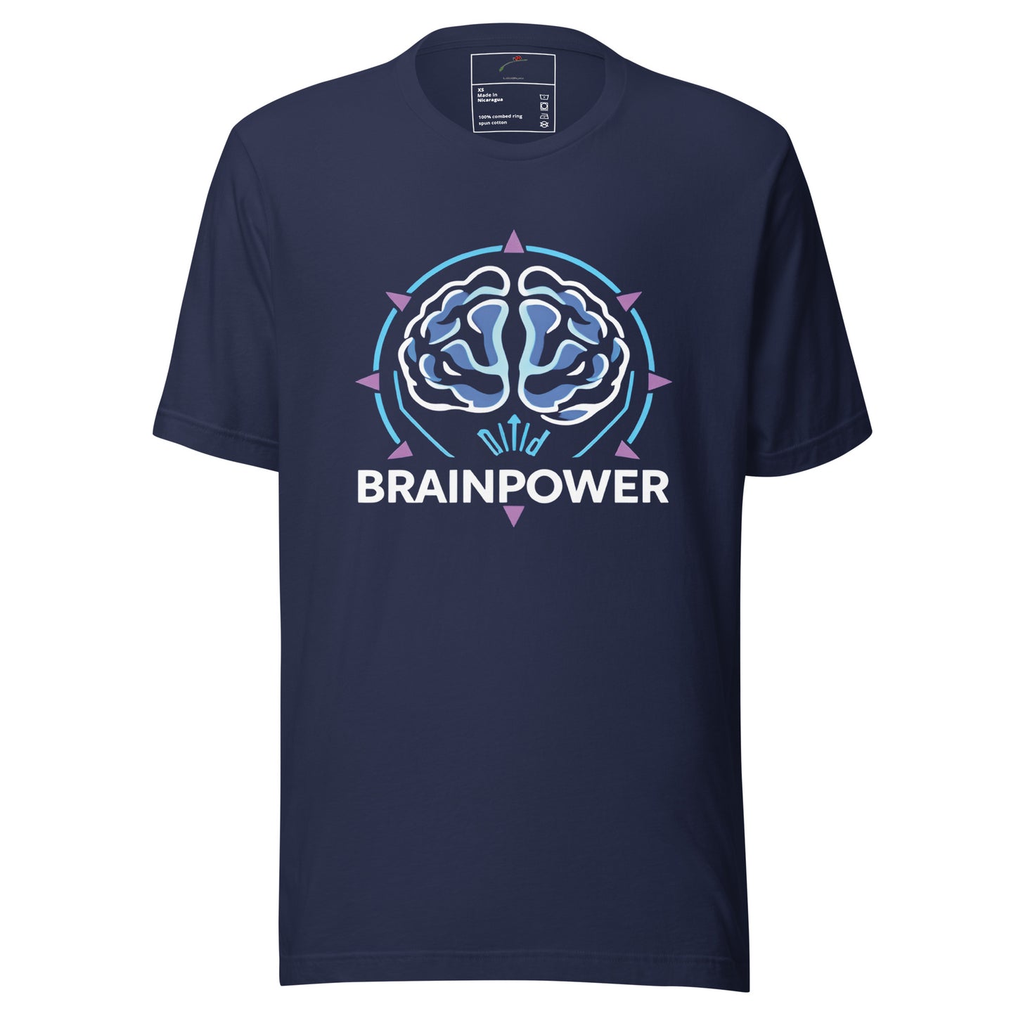 LuckeLadybug navy psychology t shirt with blue and purple brain graphic and BRAINPOWER text