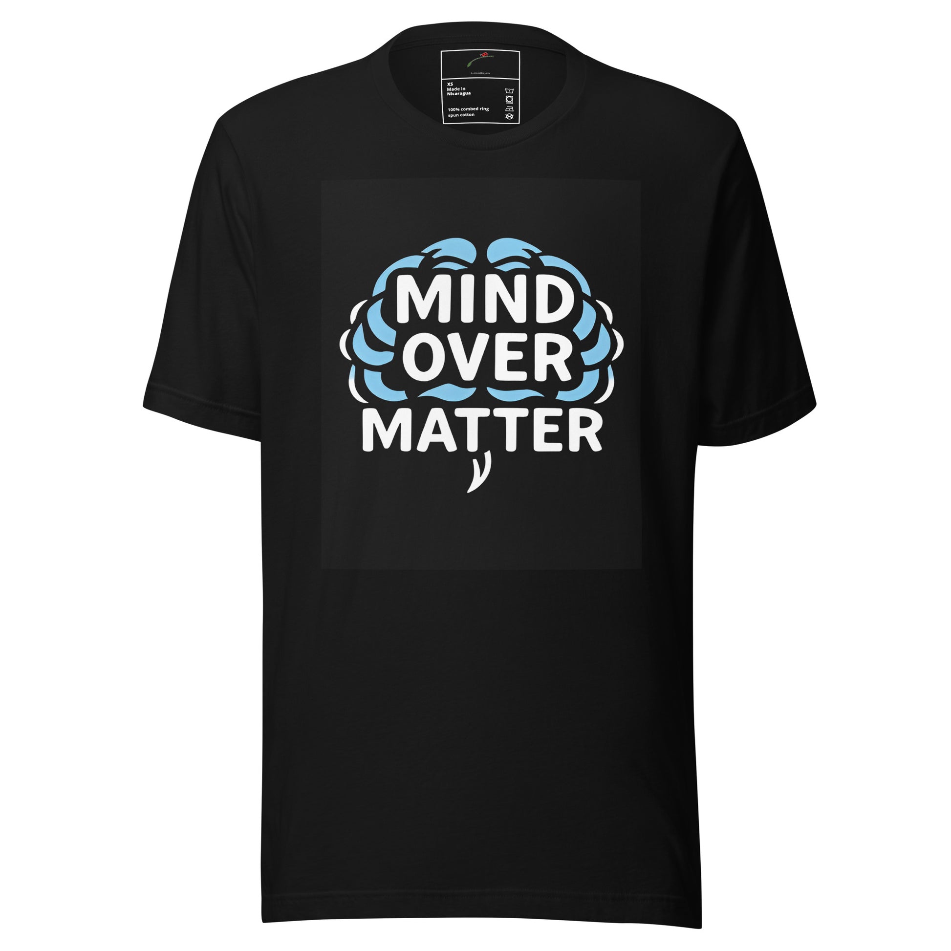 LuckeLadybug black Mind Over Matter T shirt with blue brain graphic psychology t-shirt for thinkers casual tee