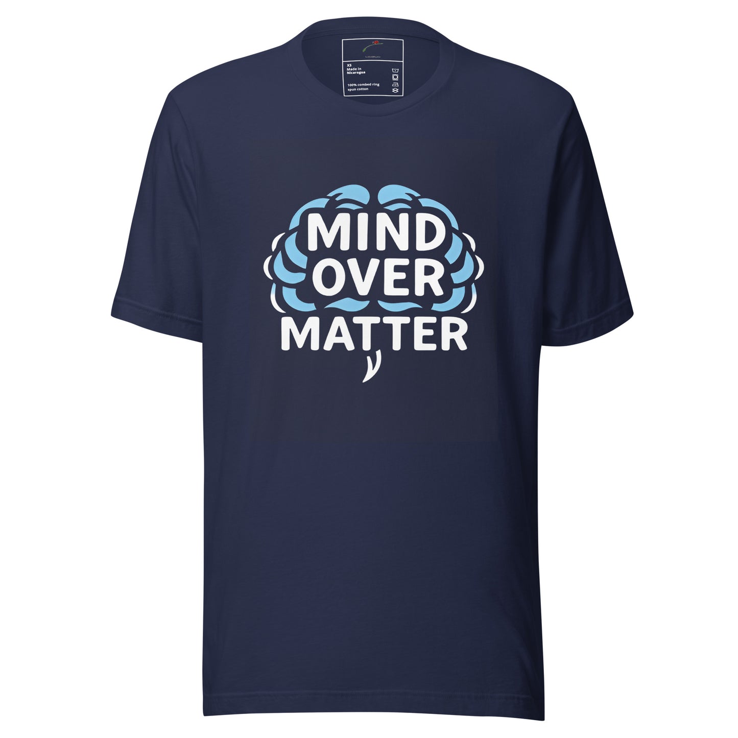 LuckeLadybug navy crew neck tee with Mind Over Matter brain graphic psychology t-shirt for thinkers