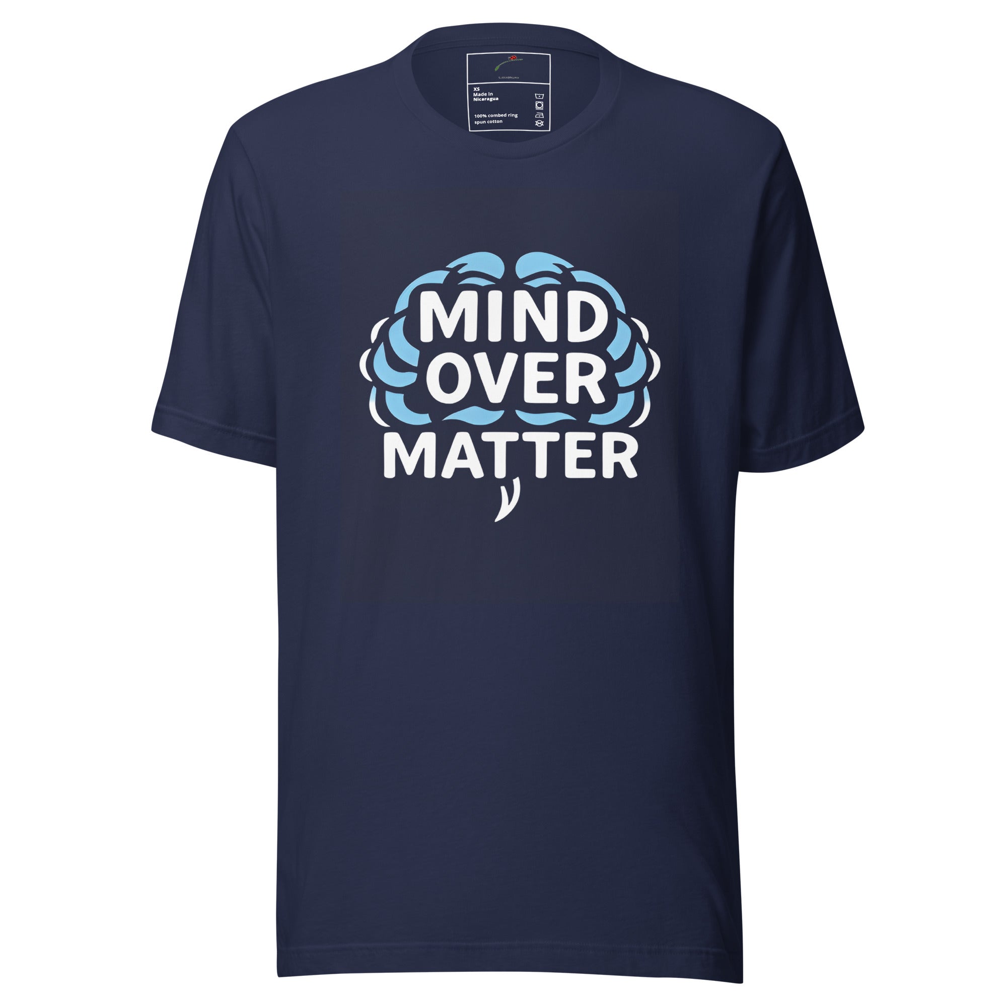 LuckeLadybug navy crew neck tee with Mind Over Matter brain graphic psychology t-shirt for thinkers