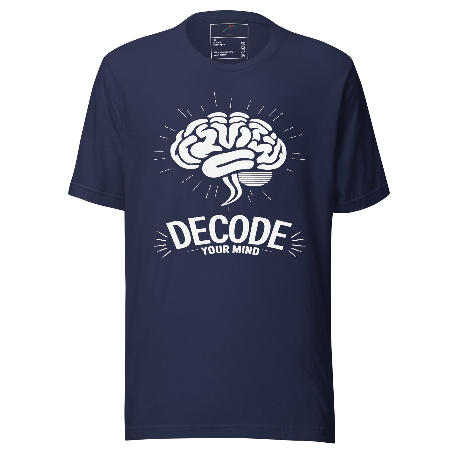 LuckeLadybug navy psychology t shirt with white brain graphic and Decode Your Mind text
