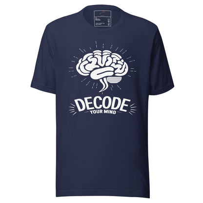 LuckeLadybug navy psychology t shirt with white brain graphic and Decode Your Mind text