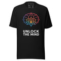LuckeLadybug psychology t-shirt black with rainbow mandala brain and lock design above Unlock The Mind text