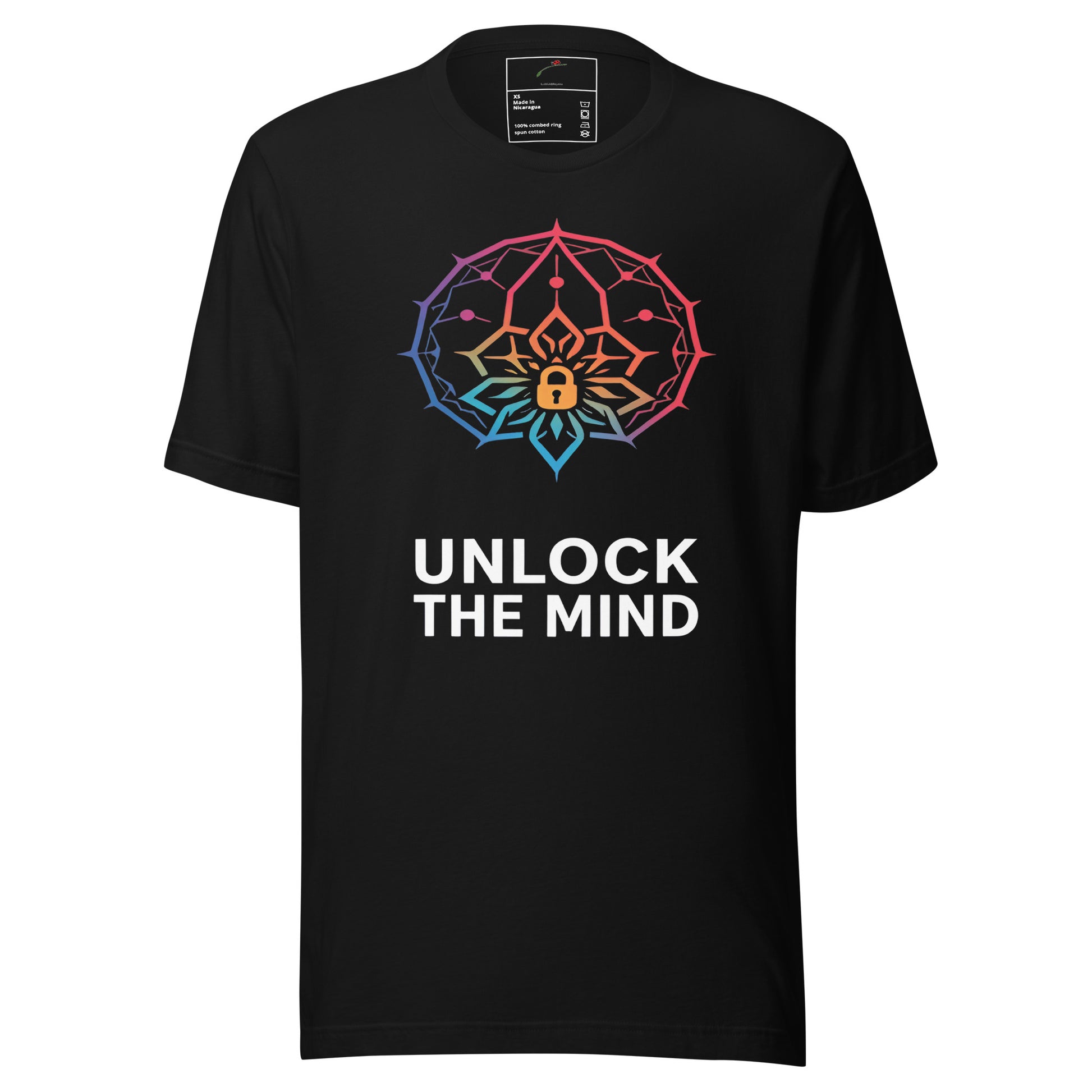 LuckeLadybug psychology t-shirt black with rainbow mandala brain and lock design above Unlock The Mind text