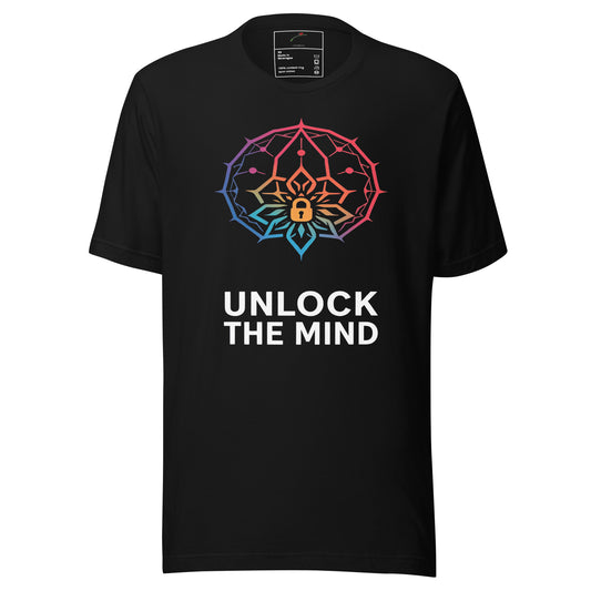 LuckeLadybug psychology t-shirt black with rainbow mandala brain and lock design above Unlock The Mind text