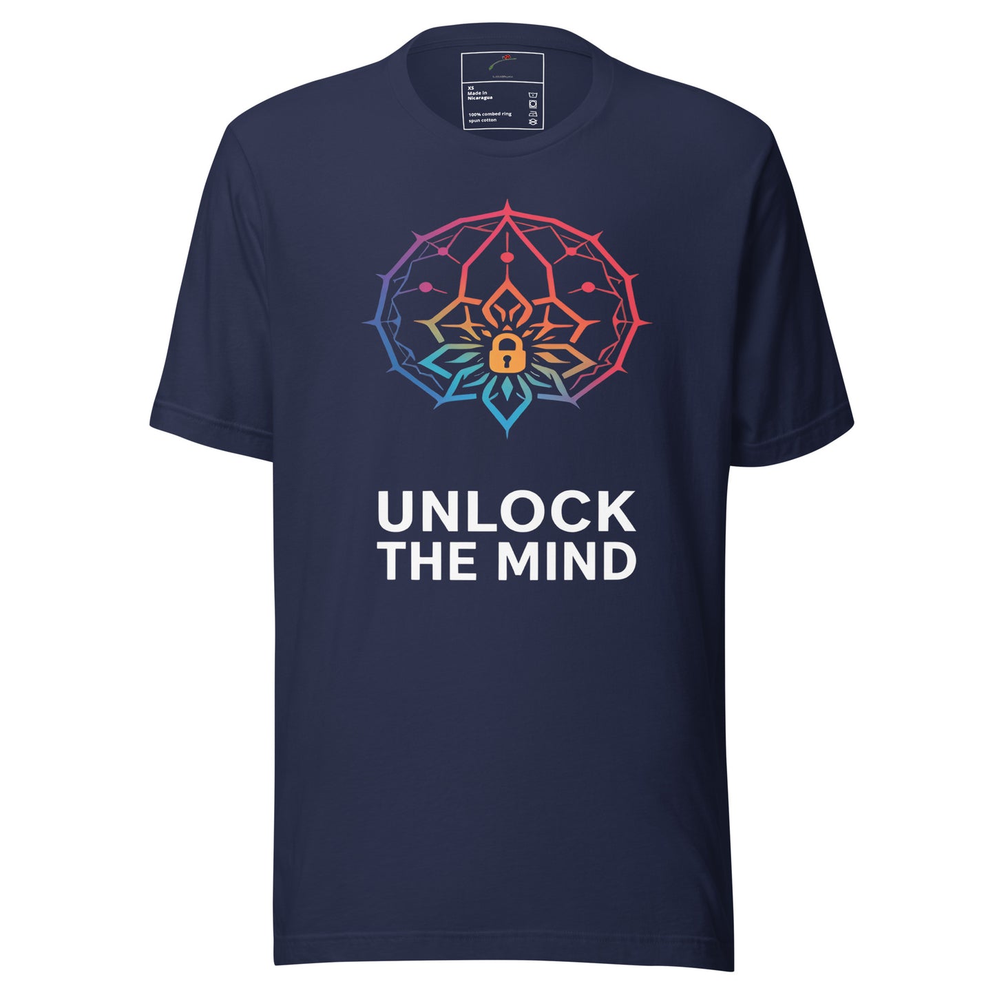 LuckeLadybug navy psychology t-shirt with colorful mandala brain lock design and Unlock the Mind text