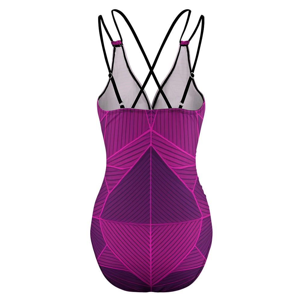 Luckeladybug purple abstract one-piece swimsuit with geometric pattern and crisscross adjustable black straps