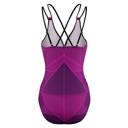 Luckeladybug purple abstract one-piece swimsuit with geometric pattern and crisscross adjustable black straps