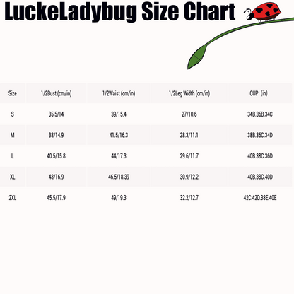 LuckeLadybug size chart for one-pieces with measurements for bust waist leg width and cup sizes