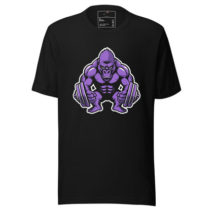 Black t-shirt featuring a purple gorilla workout shirt graphic lifting weights