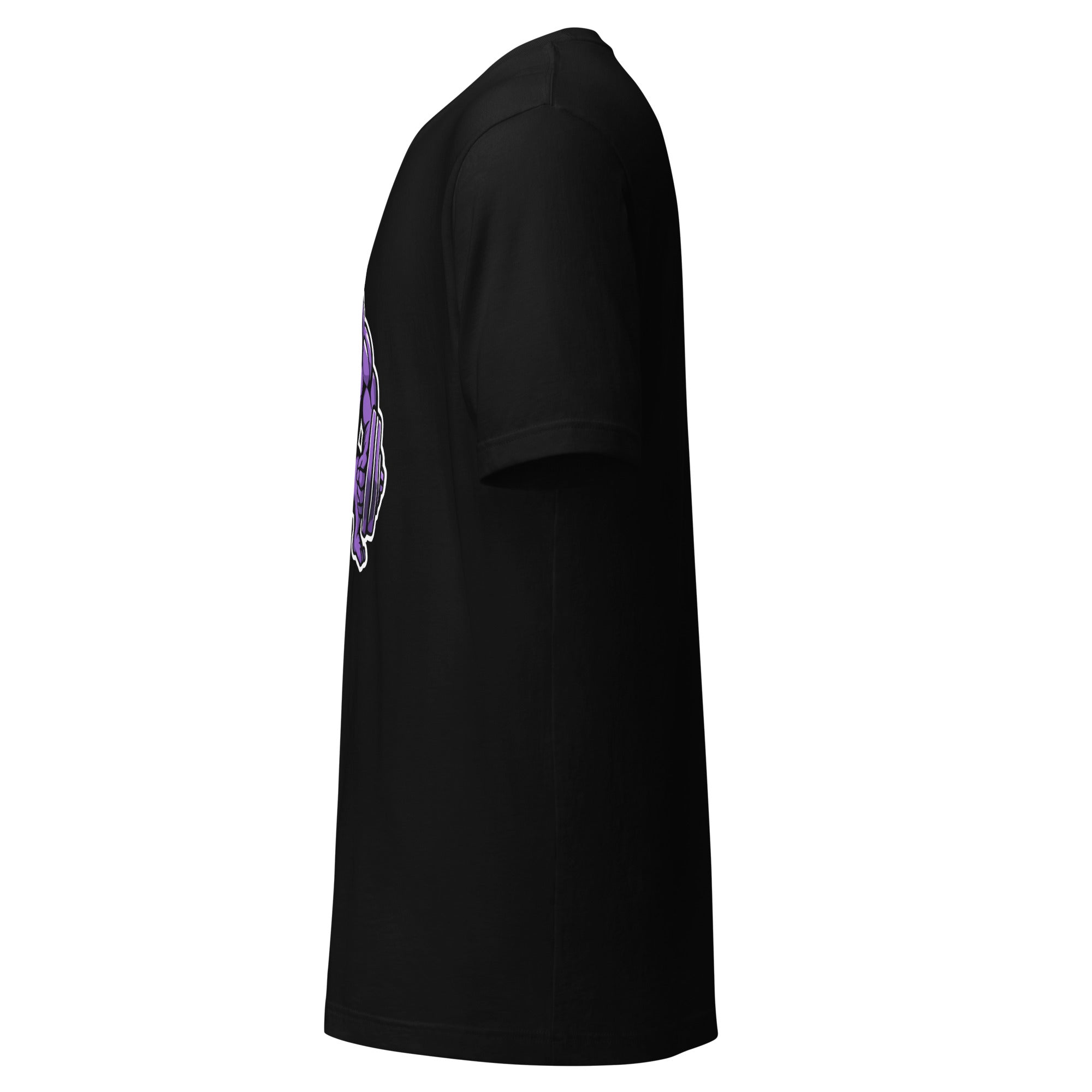 Black LuckeLadybug t-shirt side view with purple gorilla workout shirt design on front
