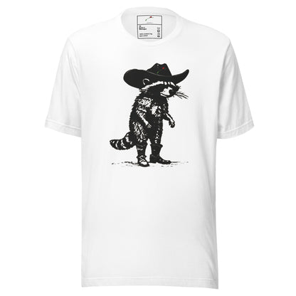 LuckeLadybug white raccoon cowboy t-shirt featuring black illustration of raccoon in cowboy hat and boots