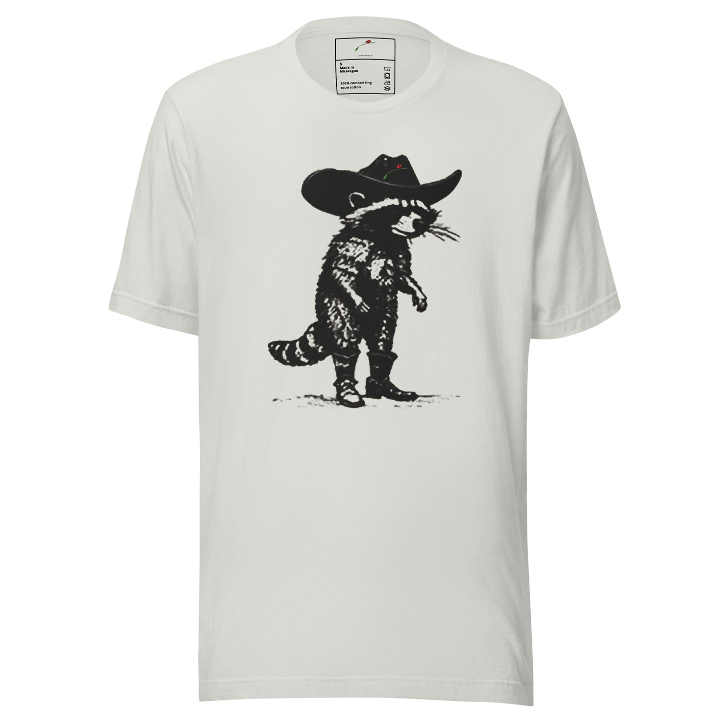 LuckeLadybug raccoon cowboy t-shirt white cotton tee with black printed raccoon wearing cowboy hat and boots