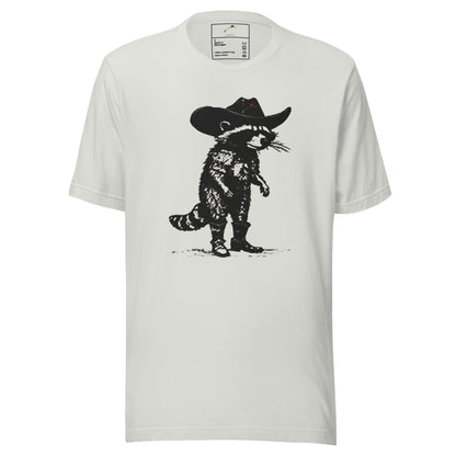LuckeLadybug raccoon cowboy t-shirt white cotton tee with black printed raccoon wearing cowboy hat and boots