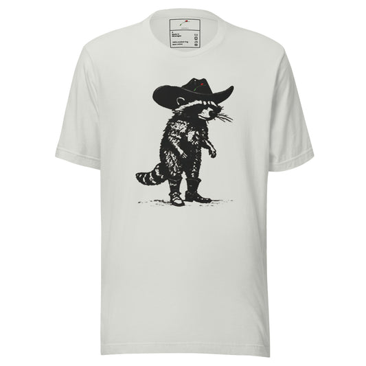 LuckeLadybug raccoon cowboy t-shirt white cotton tee with black printed raccoon wearing cowboy hat and boots