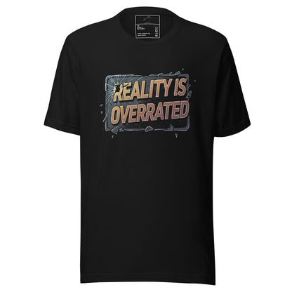 LuckeLadybug black graphic tee with bold shattered sign reading Reality Is Overrated t-shirt in retro colors