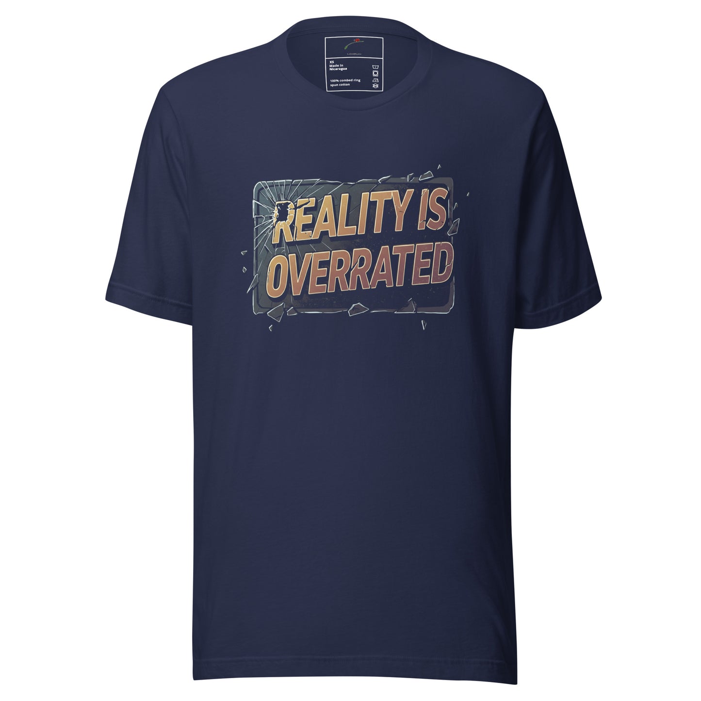 LuckeLadybug navy crewneck cotton tee with vintage cracked sign graphic reading Reality Is Overrated t-shirt on front