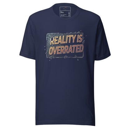 LuckeLadybug navy crewneck cotton tee with vintage cracked sign graphic reading Reality Is Overrated t-shirt on front