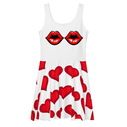 LuckeLadybug red lips summer dress for women with sleeveless skater style and heart pattern skirt