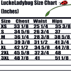 LuckeLadybug size chart for red lips summer dress for women including chest waist and hips measurements in inches