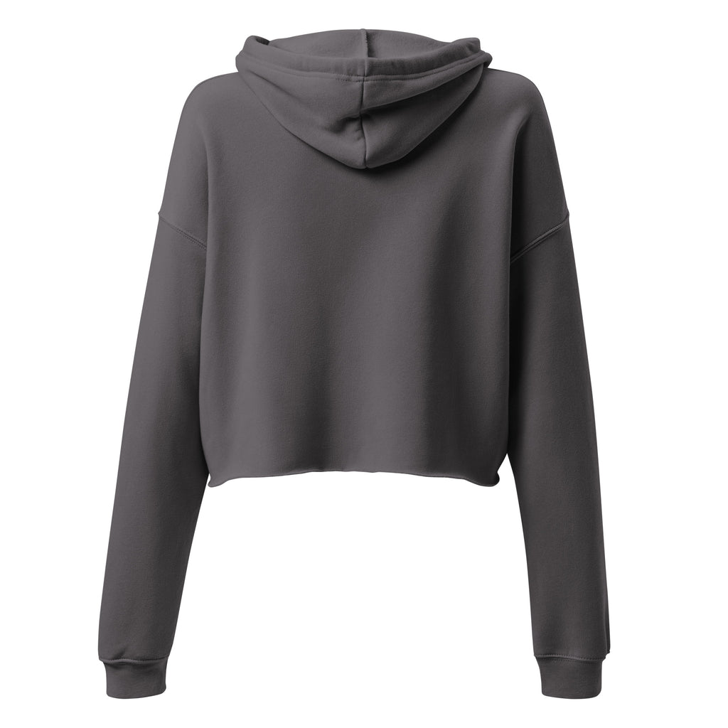 Back view of gray red panda crop top hoodie with long sleeves and hood by LuckeLadybug
