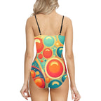 retro cut out swimsuit with colorful retro bubble pattern on one-piece swimsuit back