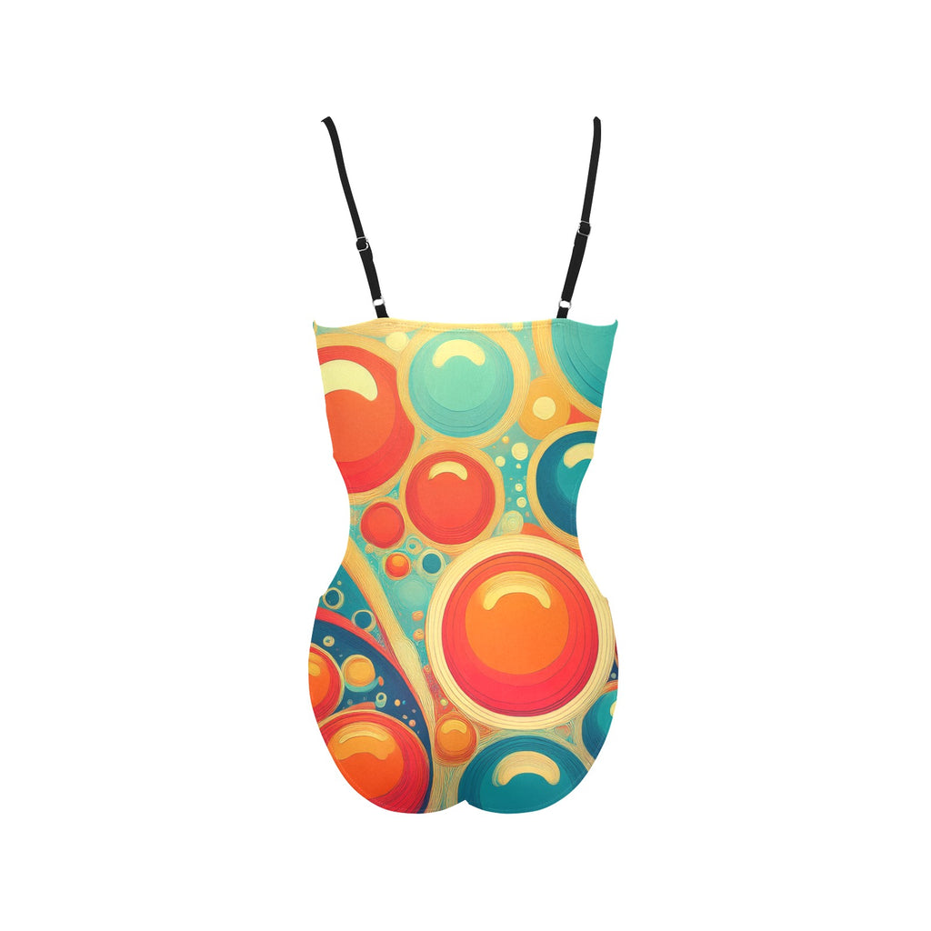 retro cut out swimsuit with colorful abstract bubble pattern and adjustable black straps