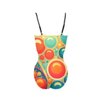 retro cut out swimsuit with colorful abstract bubble pattern and adjustable black straps