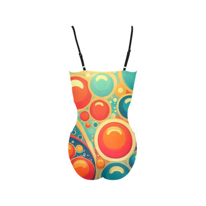 retro cut out swimsuit with colorful abstract bubble pattern and adjustable black straps
